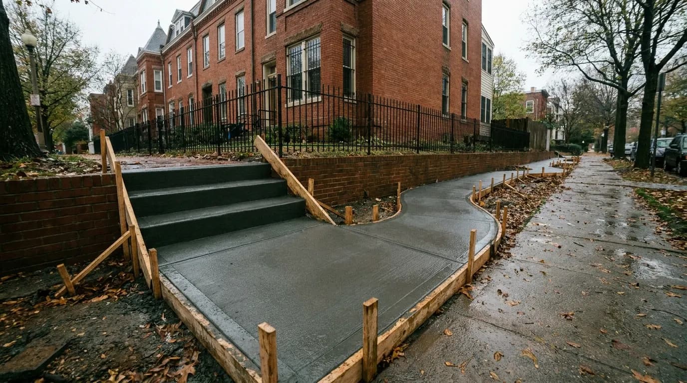 Freshly poured concrete steps and sidewalk in front of a brick rowhouse