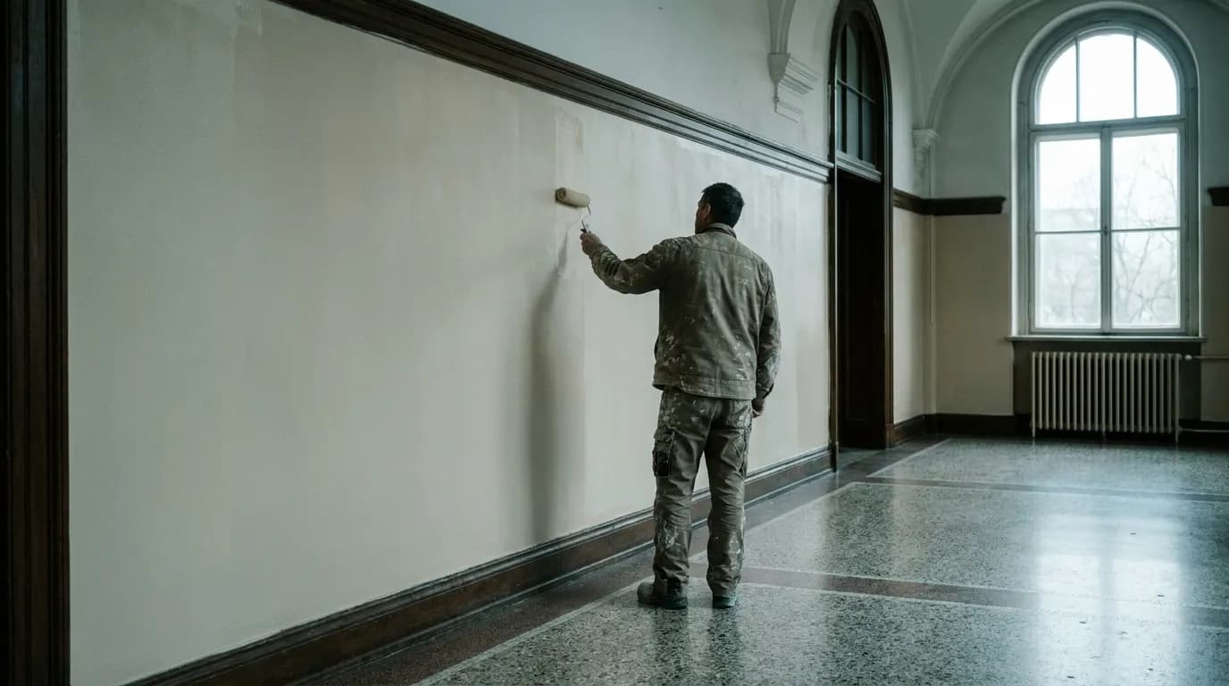 A painter rolling a corridor wall in an older university building